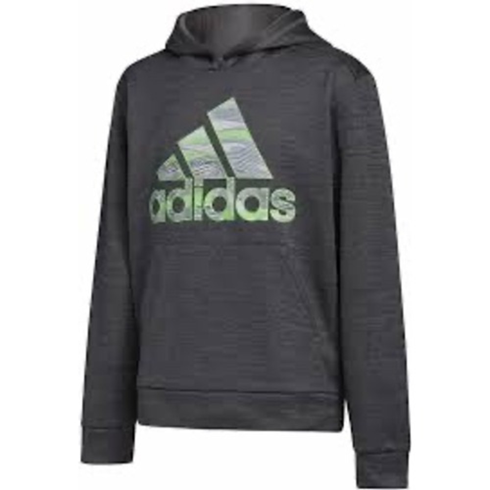 Adidas men's Heathered Grey Lime Green Graphic Logo Pullover Hoodie Sweatshirt - Picture 1 of 3